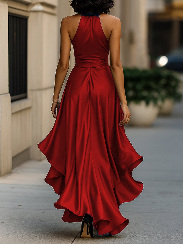 Elena — Rochie satinată elegantă cu halter și volane