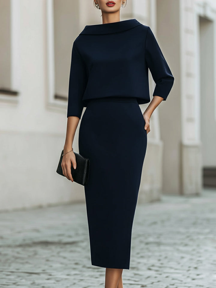 Violeta™ — Set elegant cu top cu guler barcă și fustă midi
