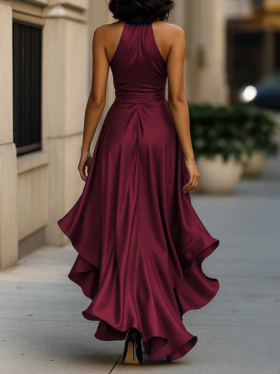 Elena — Rochie satinată elegantă cu halter și volane