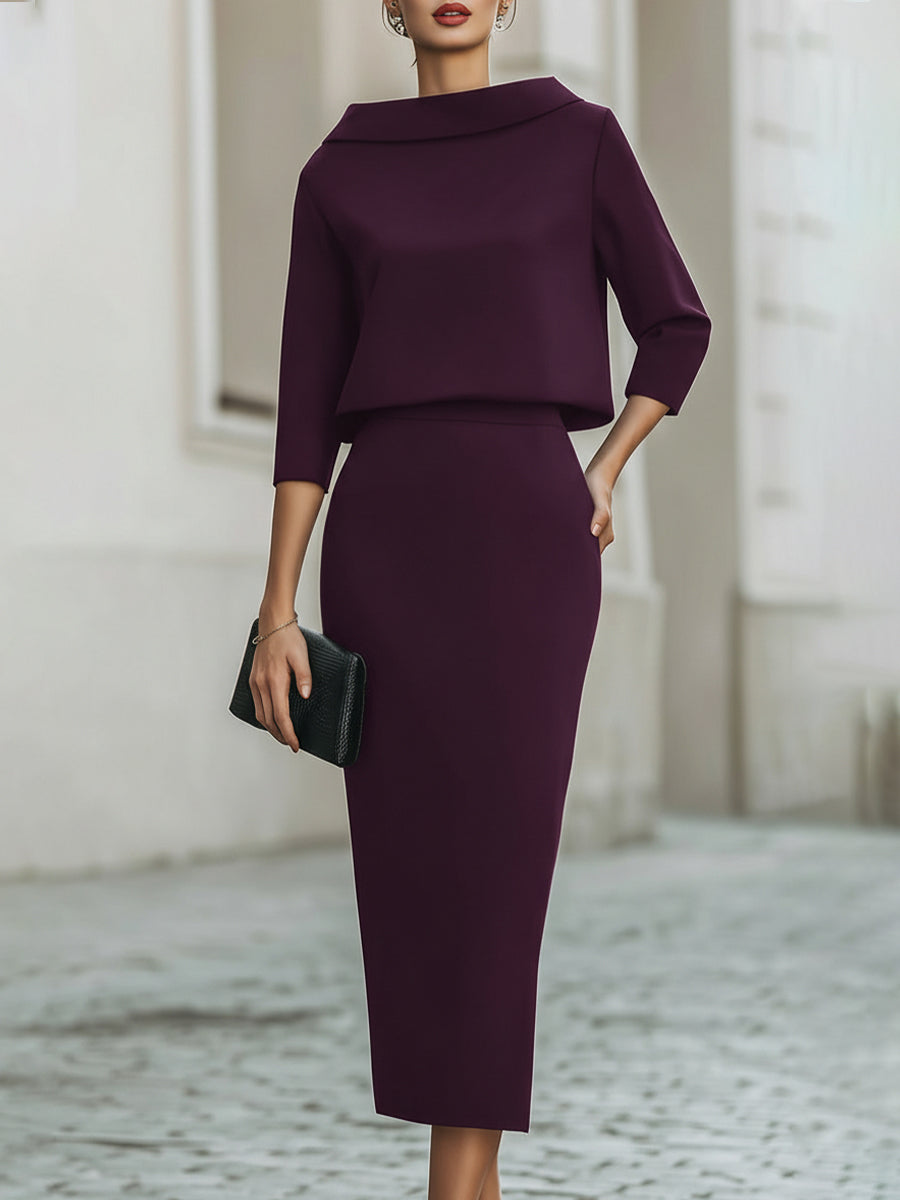Violeta™ — Set elegant cu top cu guler barcă și fustă midi