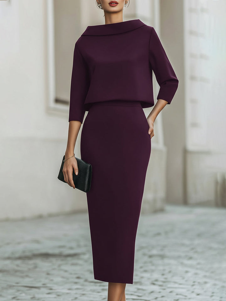 Violeta™ — Set elegant cu top cu guler barcă și fustă midi