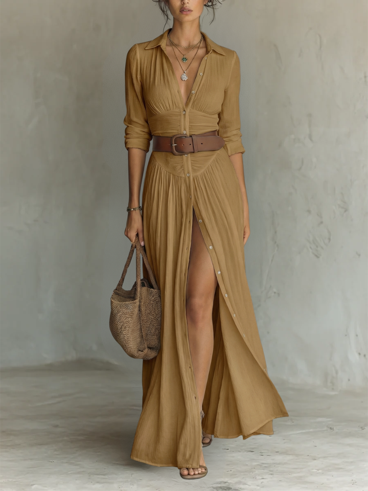 Pamela™ — Rochie maxi lungă cu guler crestat și mâneci lungi