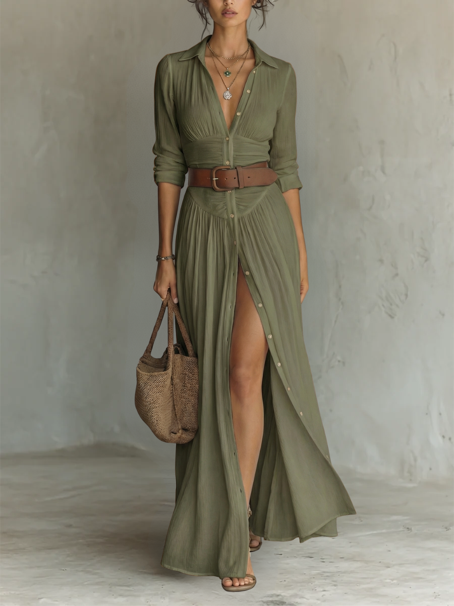 Pamela™ — Rochie maxi lungă cu guler crestat și mâneci lungi