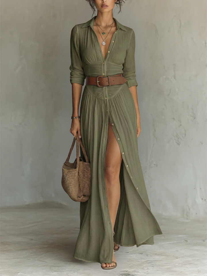Pamela™ — Rochie maxi lungă cu guler crestat și mâneci lungi