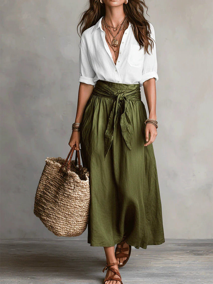 Vera — Set două piese: tricou negru și fustă midi verde olive