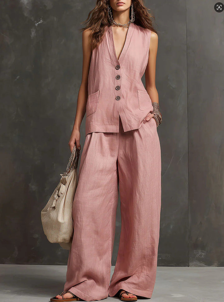 Irina™ — Set elegant din bumbac și in cu vestă și pantaloni largi