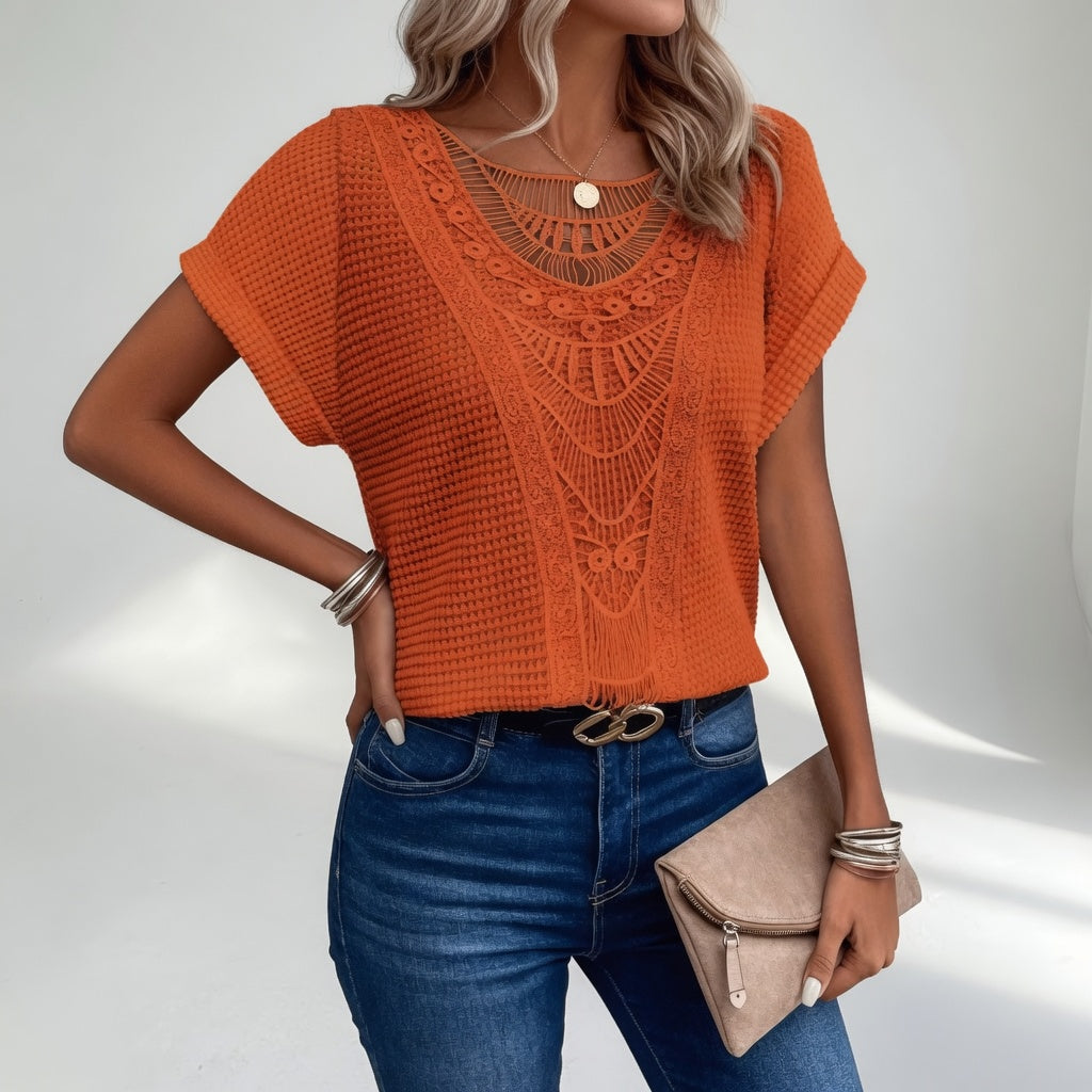Éléonelle™ — Top din tricot ajurat cu decolteu în V, delicatețe naturală