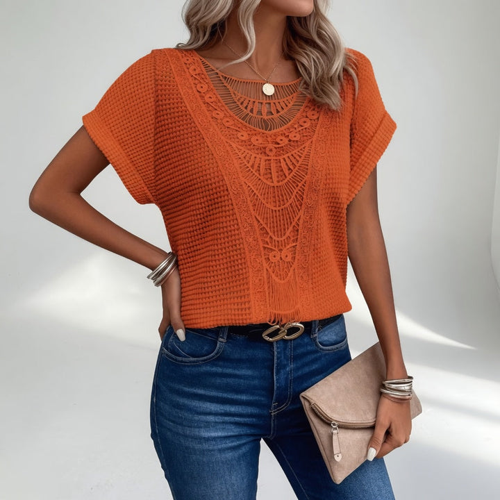 Éléonelle™ — Top din tricot ajurat cu decolteu în V, delicatețe naturală