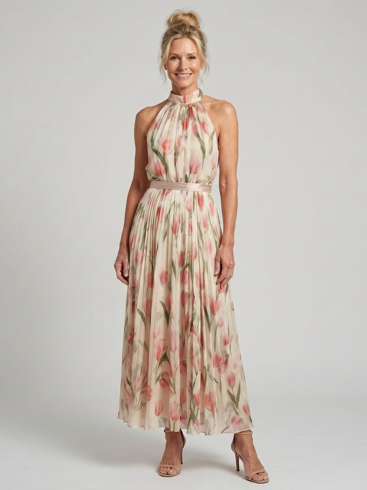 Aurelle | Rochie midi cu imprimeu floral și decolteu halter