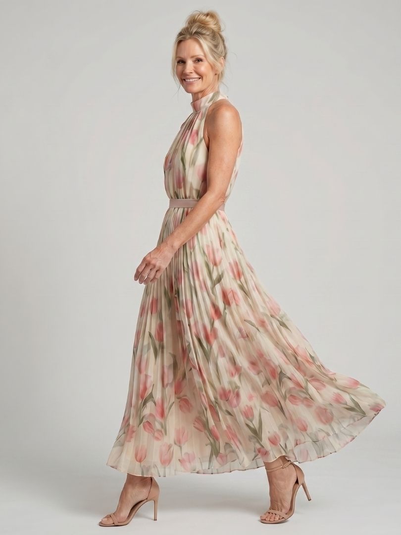 Aurelle | Rochie midi cu imprimeu floral și decolteu halter