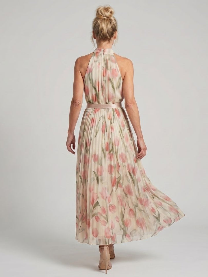 Aurelle | Rochie midi cu imprimeu floral și decolteu halter