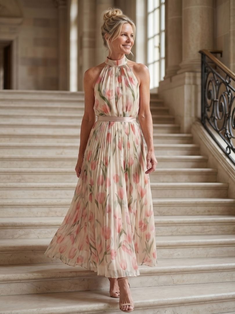 Aurelle | Rochie midi cu imprimeu floral și decolteu halter