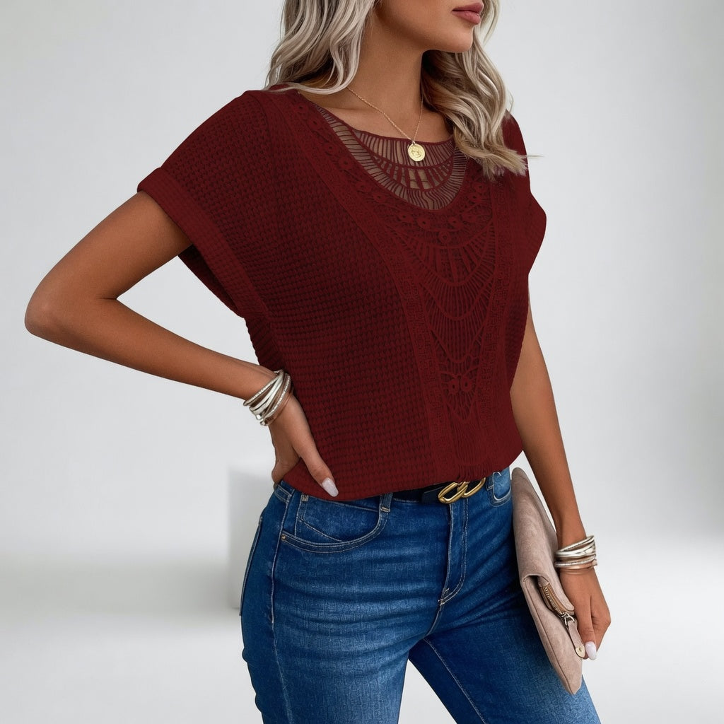 Éléonelle™ — Top din tricot ajurat cu decolteu în V, delicatețe naturală
