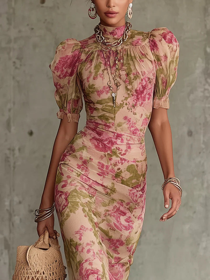Fiora™ — Rochie maxi cu imprimeu vintage de trandafiri și mâneci bufante