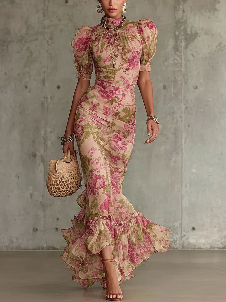 Fiora™ — Rochie maxi cu imprimeu vintage de trandafiri și mâneci bufante
