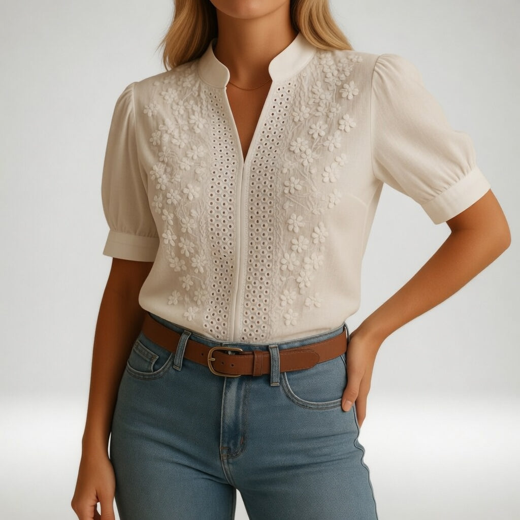 Aliénor™ — Bluză broderie anglaise cu decolteu în V, rafinament natural