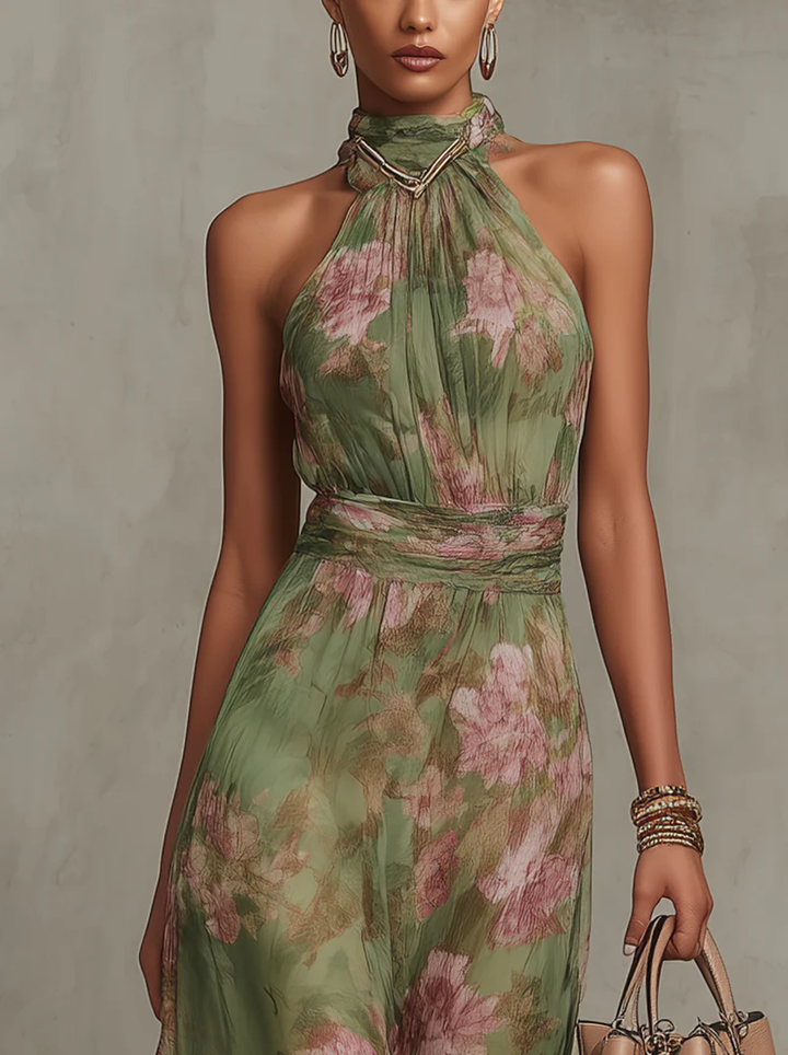 Serena™ — Rochie maxi elegantă din șifon floral cu halter