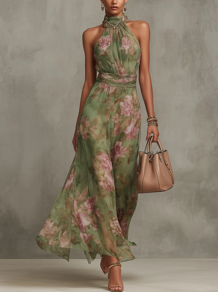Serena™ — Rochie maxi elegantă din șifon floral cu halter