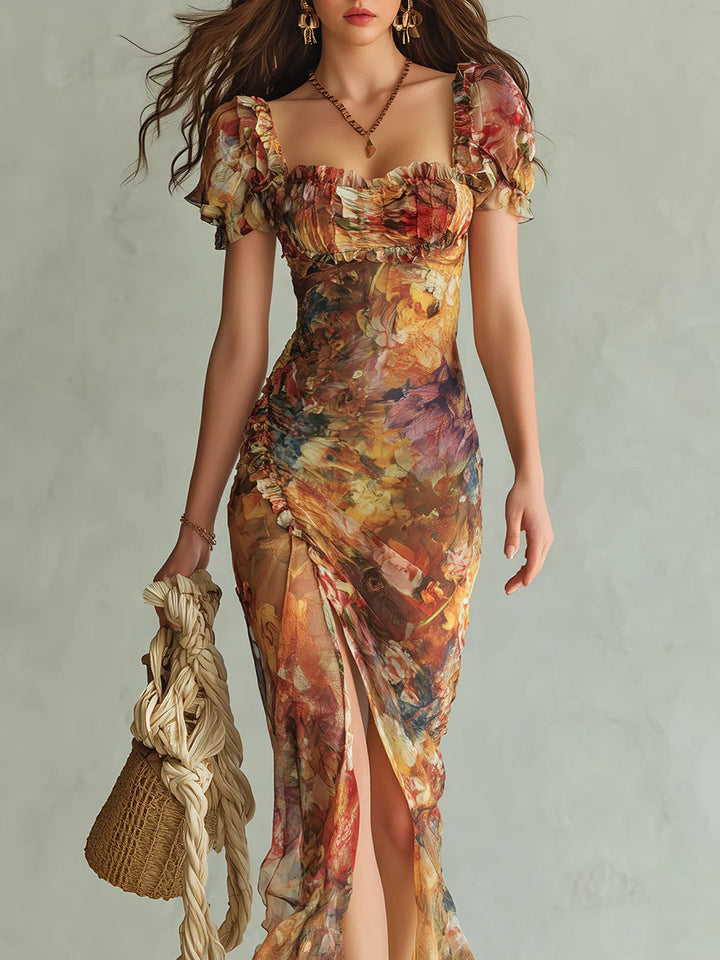 Brigitte&Diane Boutique™ — Rochie lungă portocalie din șifon cu imprimeu boem