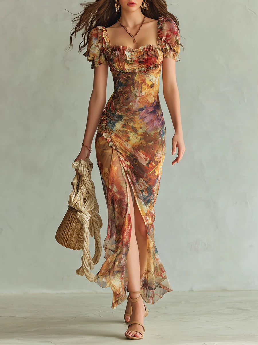 Brigitte&Diane Boutique™ — Rochie lungă portocalie din șifon cu imprimeu boem