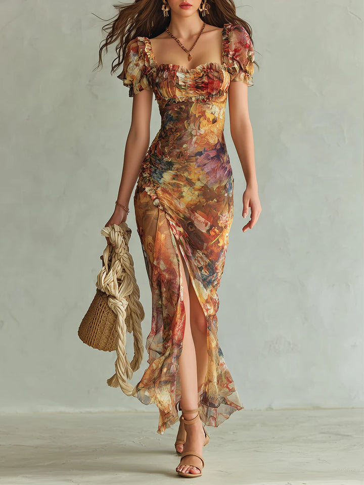 Brigitte&Diane Boutique™ — Rochie lungă portocalie din șifon cu imprimeu boem