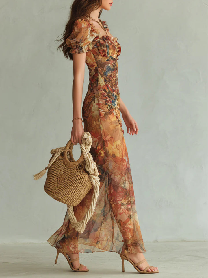 Brigitte&Diane Boutique™ — Rochie lungă portocalie din șifon cu imprimeu boem