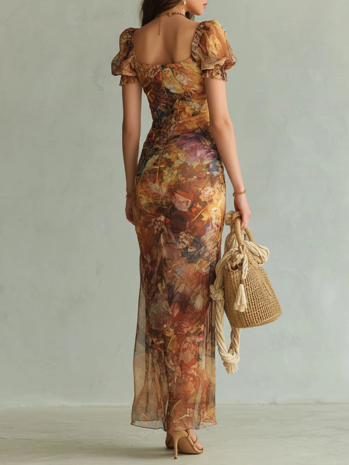 Brigitte&Diane Boutique™ — Rochie lungă portocalie din șifon cu imprimeu boem