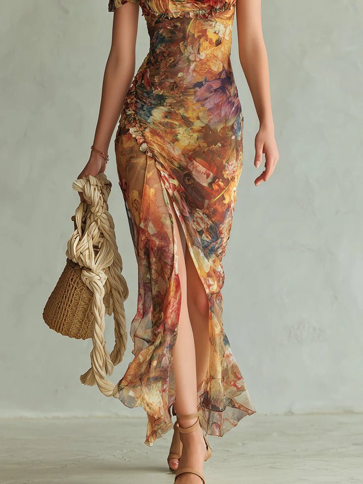Brigitte&Diane Boutique™ — Rochie lungă portocalie din șifon cu imprimeu boem