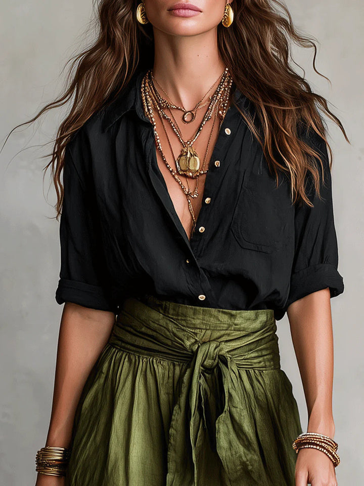 Vera — Set două piese: tricou negru și fustă midi verde olive