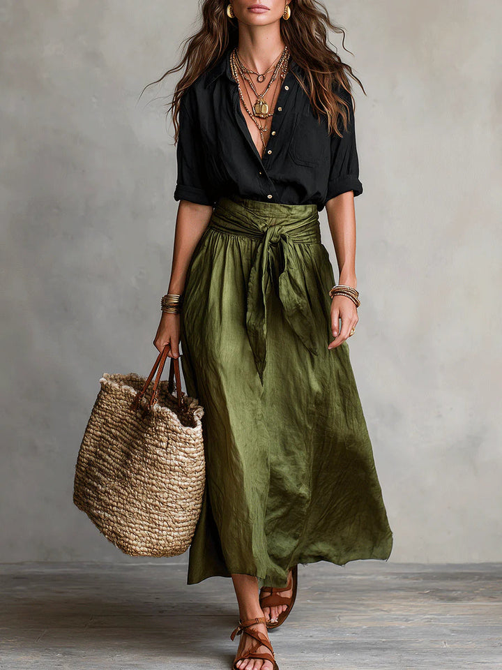 Vera — Set două piese: tricou negru și fustă midi verde olive