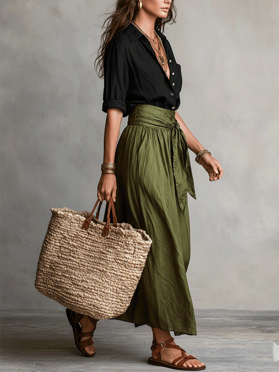 Vera — Set două piese: tricou negru și fustă midi verde olive