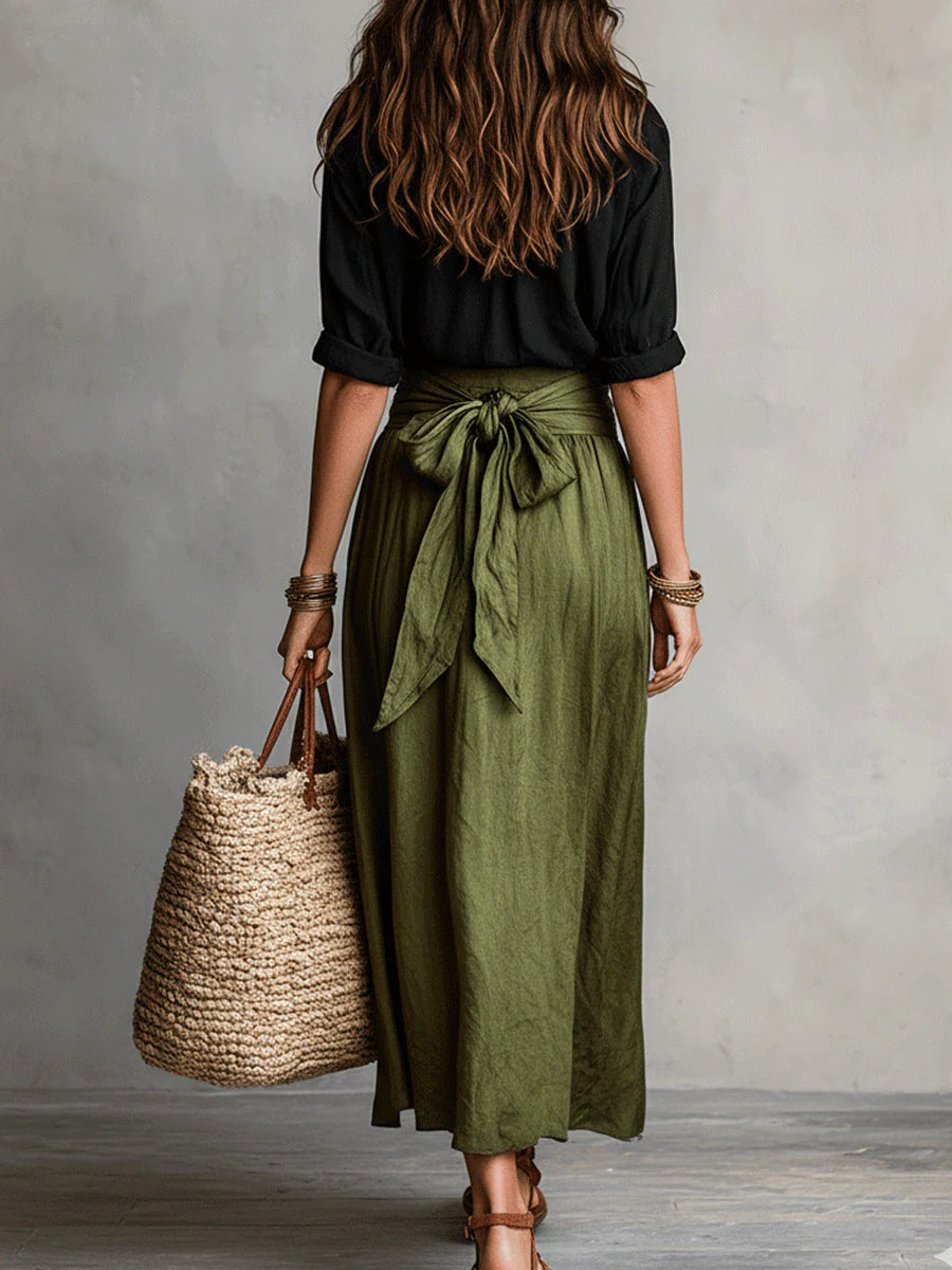 Vera — Set două piese: tricou negru și fustă midi verde olive