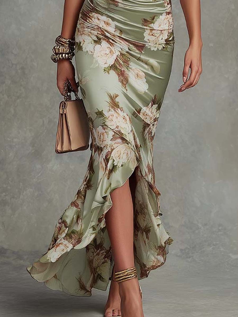 Anna™ — Rochie lungă asimetrică din satin verde cu imprimeu floral