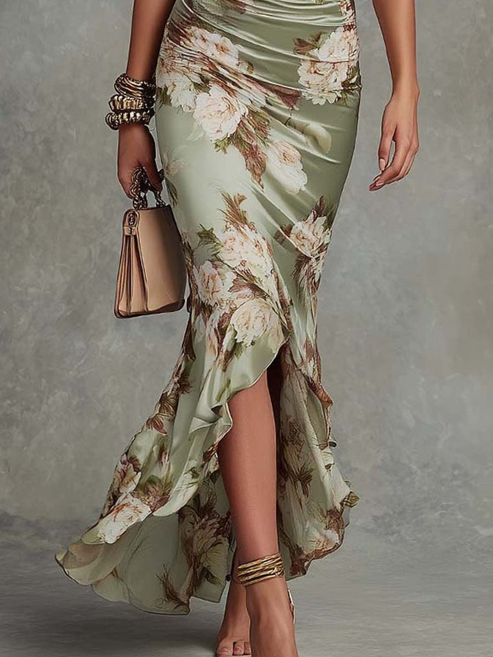 Anna™ — Rochie lungă asimetrică din satin verde cu imprimeu floral