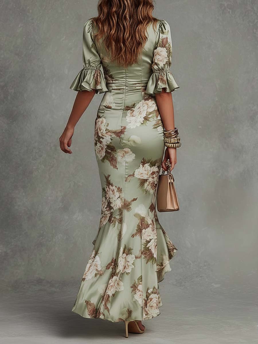 Anna™ — Rochie lungă asimetrică din satin verde cu imprimeu floral