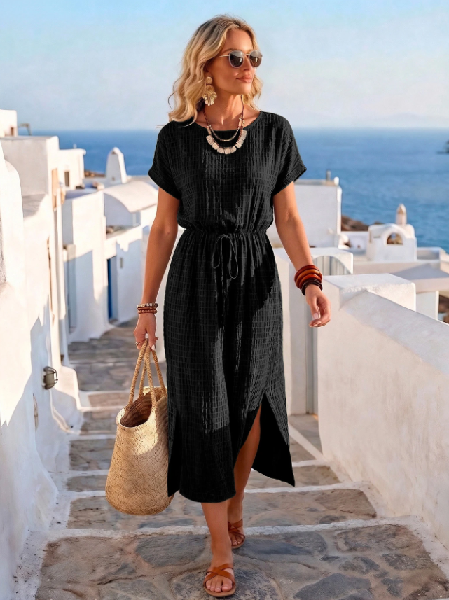 Elena — Rochie elegantă cu dungi verticale și talie ajustată