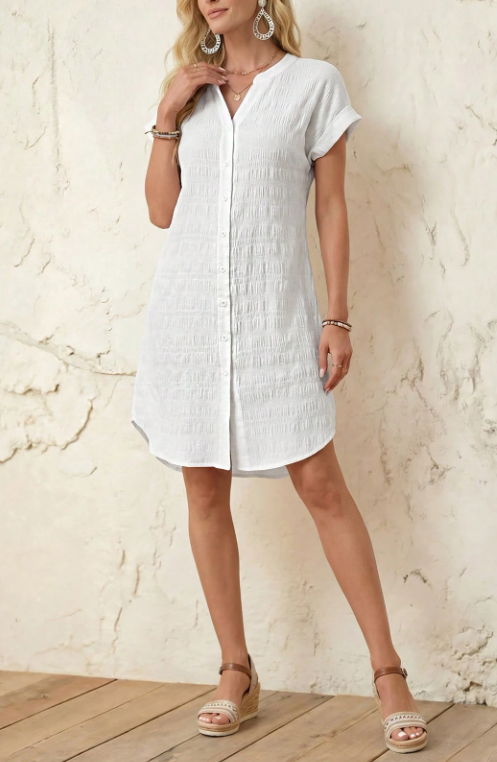 Elena™ — Rochie mini casual din bumbac cu nasturi și mâneci scurte