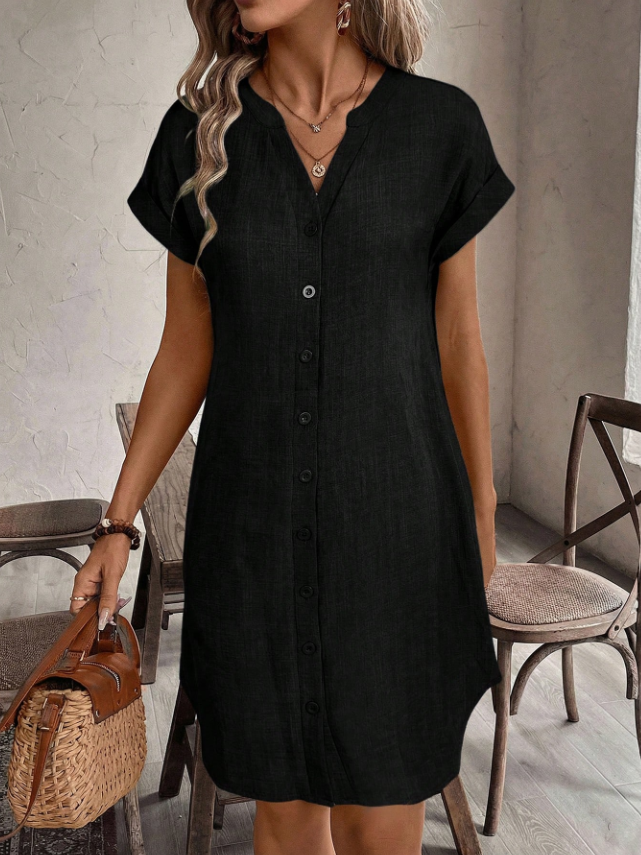 Elena™ — Rochie mini casual din bumbac cu nasturi și mâneci scurte