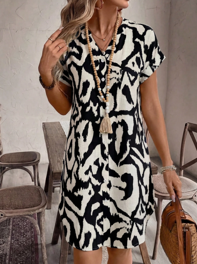 Elena™ — Rochie mini casual din bumbac cu nasturi și mâneci scurte
