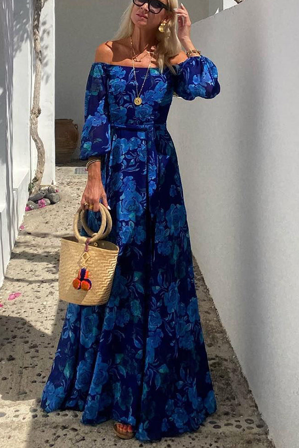 Luna™ | Rochie lungă cu imprimeu floral și umerii goi