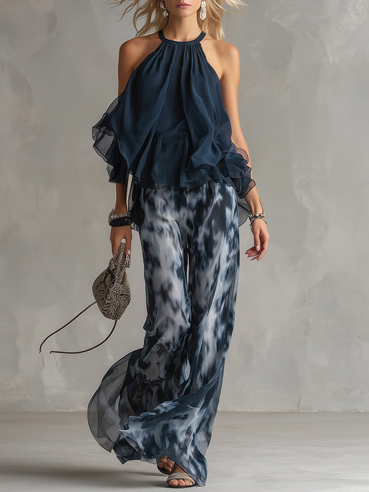 Ludovica — Top Cu Guler Înalt Și Pantaloni Imprimați Cu Picior Larg