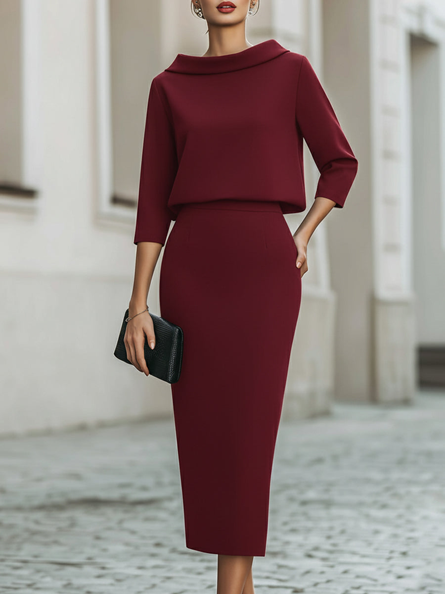 Violeta™ — Set elegant cu top cu guler barcă și fustă midi
