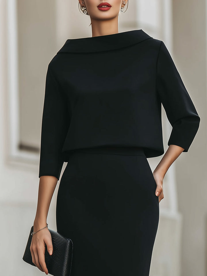 Violeta™ — Set elegant cu top cu guler barcă și fustă midi