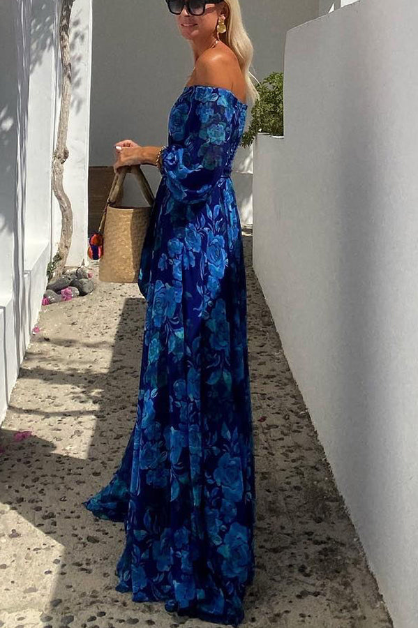 Luna™ | Rochie lungă cu imprimeu floral și umerii goi
