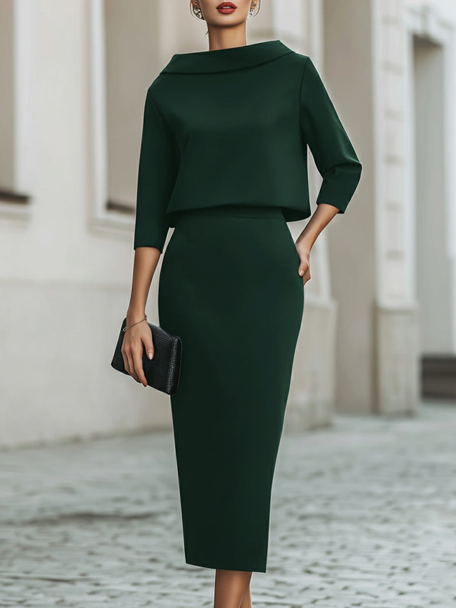 Violeta™ — Set elegant cu top cu guler barcă și fustă midi