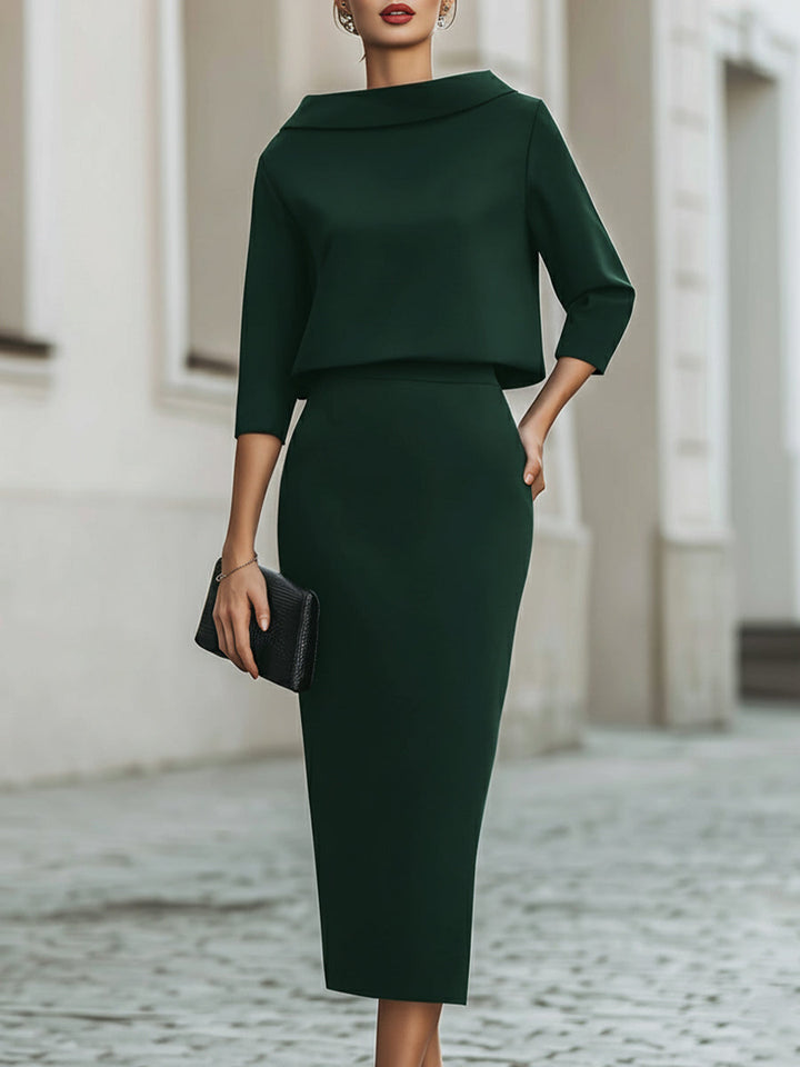 Violeta™ — Set elegant cu top cu guler barcă și fustă midi