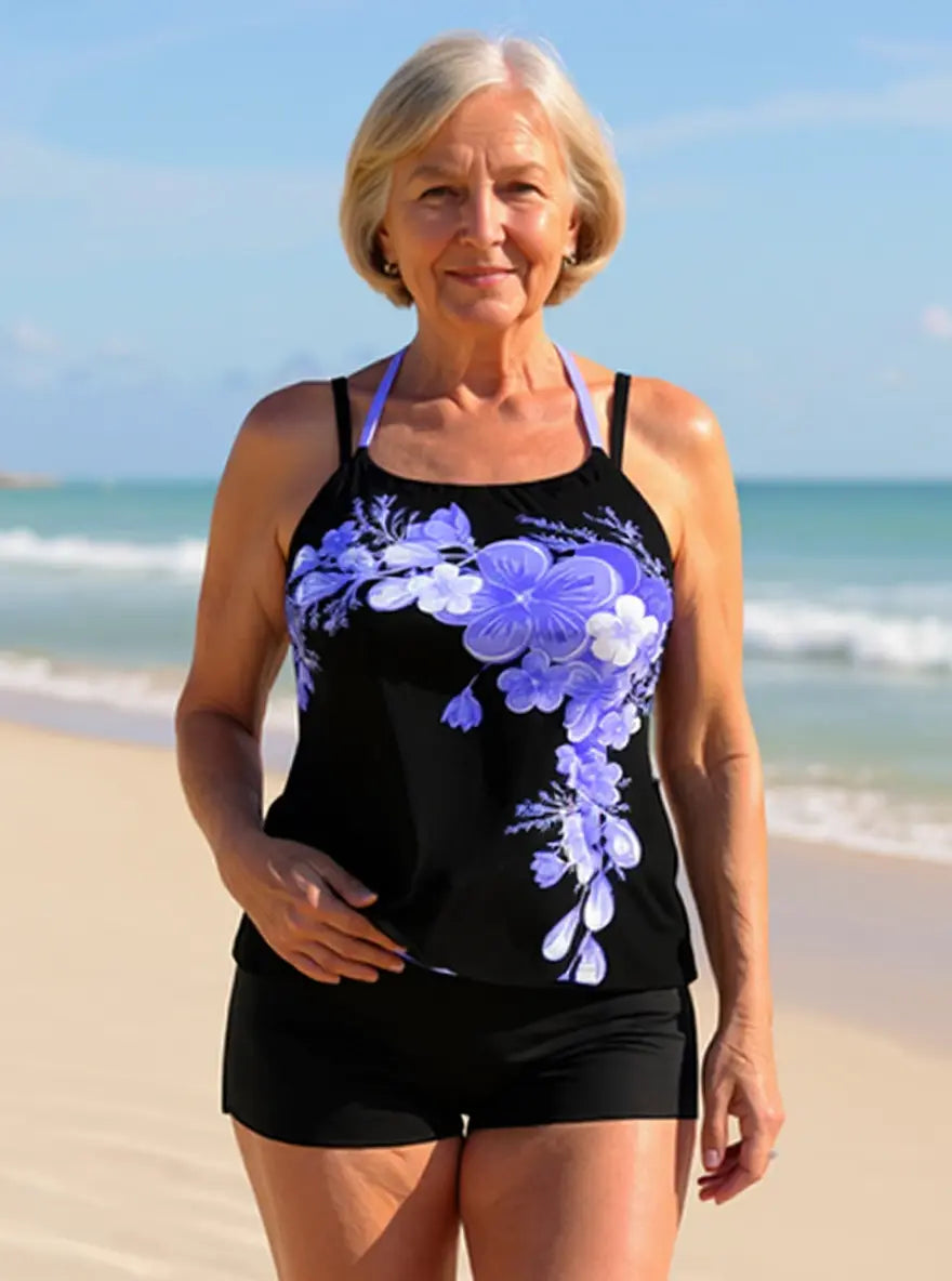 Avery | Floral Print Halter Tankini Set with Cross Strap