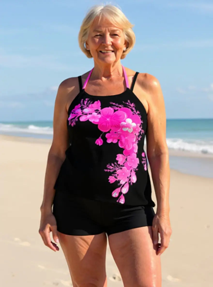Avery | Floral Print Halter Tankini Set with Cross Strap