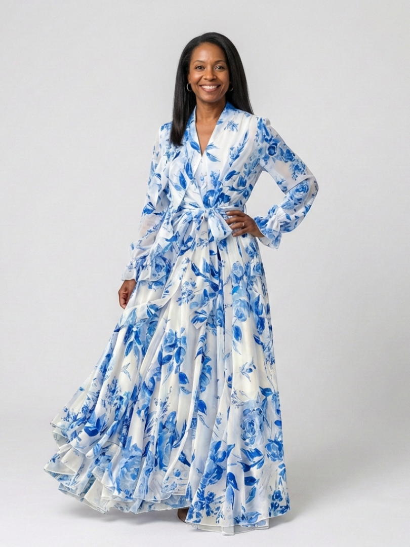 Lillian | Rochie maxi cu imprimeu floral și mâneci lungi