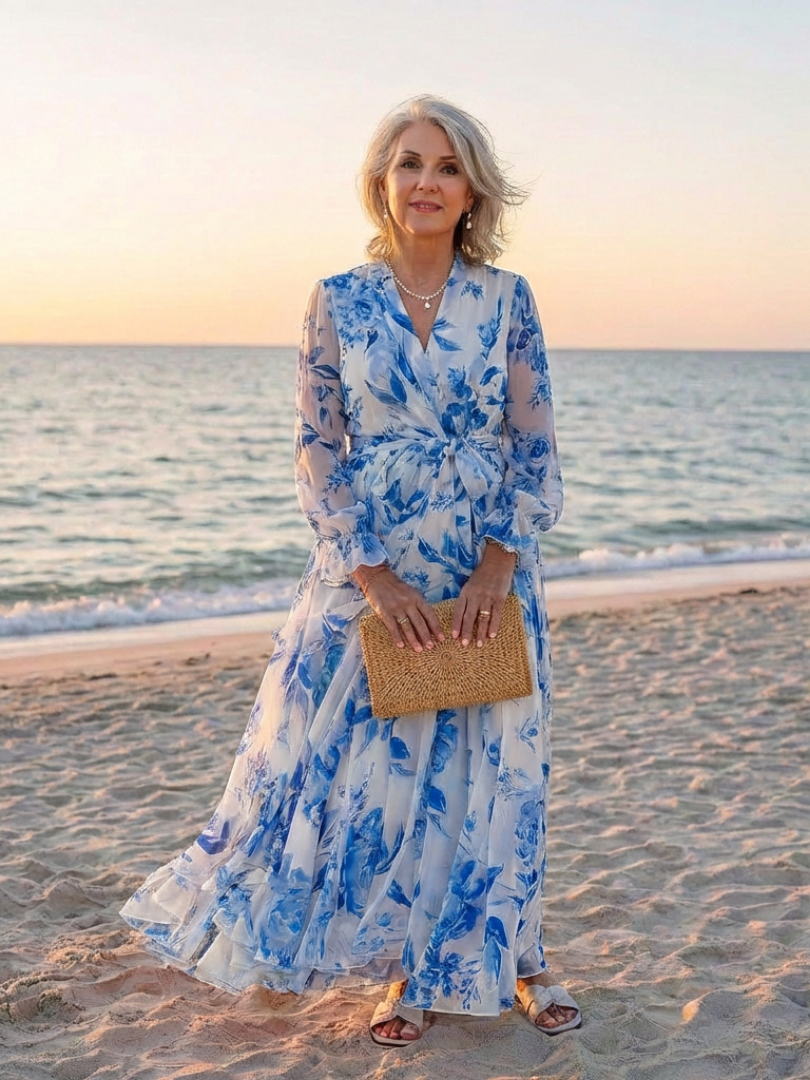 Lillian | Rochie maxi cu imprimeu floral și mâneci lungi